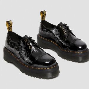 Dr. Martens platform distressed patent leather oxfords